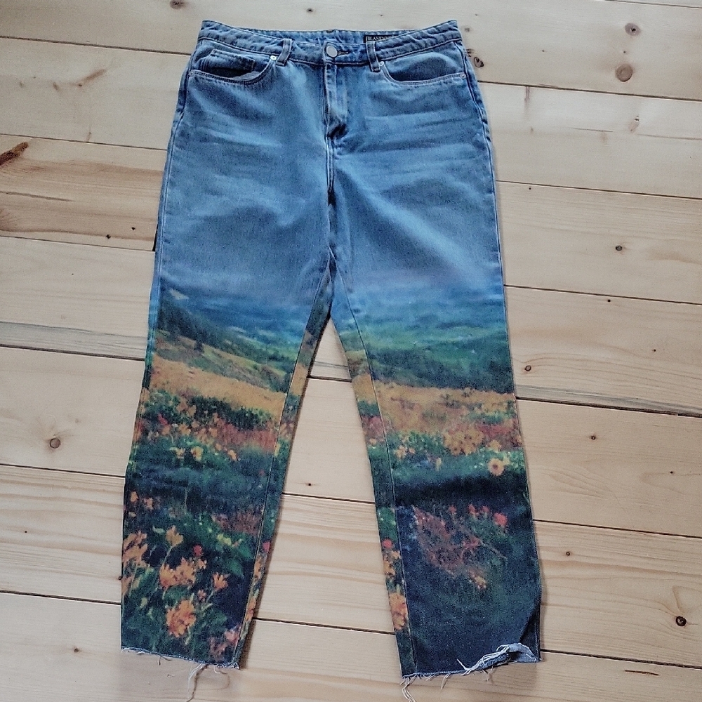 Free People Blue Straight Leg Jeans with Artistic Design